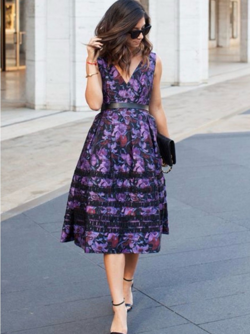 Cynthia Rowley Purple Floral V-Neck Tea Length Dress with Beautiful Black Lace